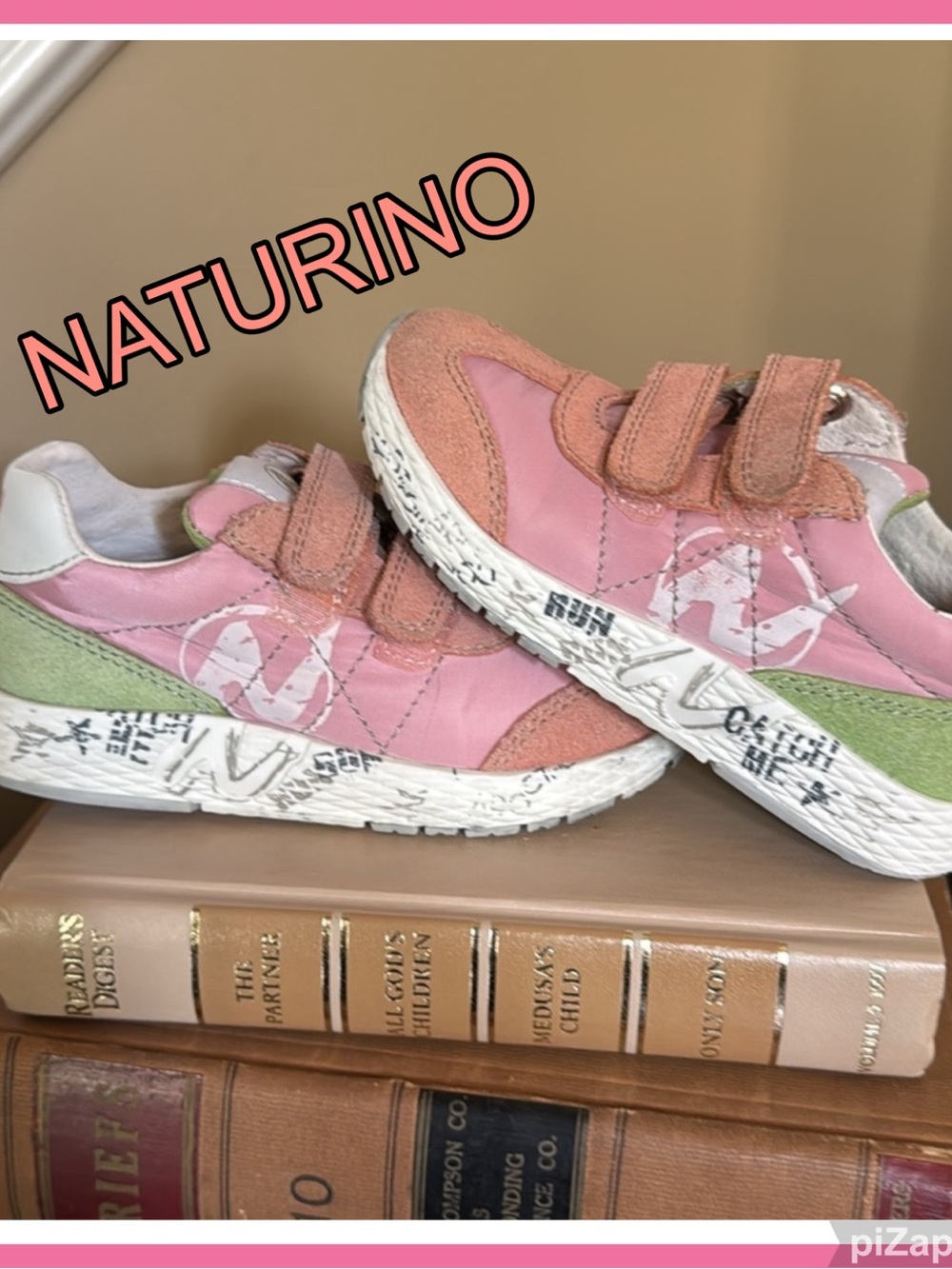 💕Naturino Italian Girls' Pink & Green Sneakers w/Velcro Straps Sz 25 - 8T